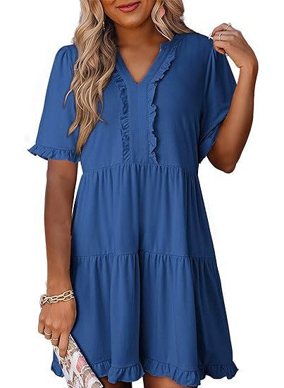 Damen nan leichtes Swingkleid mit V-Ausschnitt, gestufter Rockpartie und zarten Volants R&B
