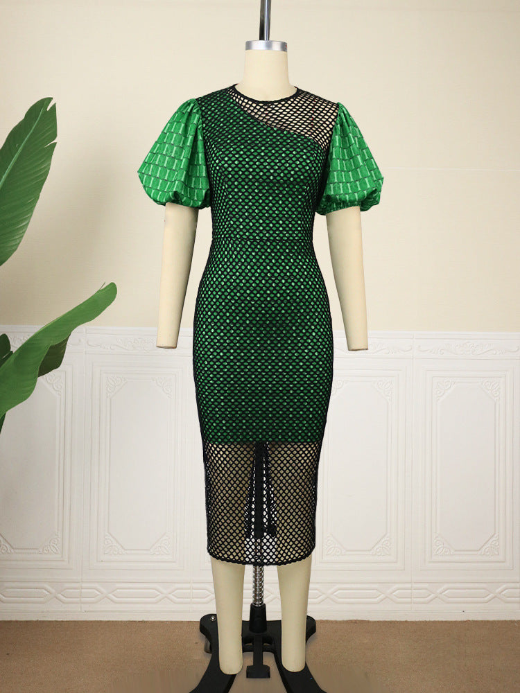 Damen figurbetontes Kleid mit innovativem Netzdesign und voluminösen Puffärmeln R&B