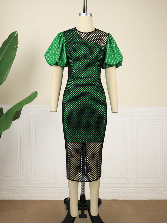 Damen figurbetontes Kleid mit innovativem Netzdesign und voluminösen Puffärmeln R&B