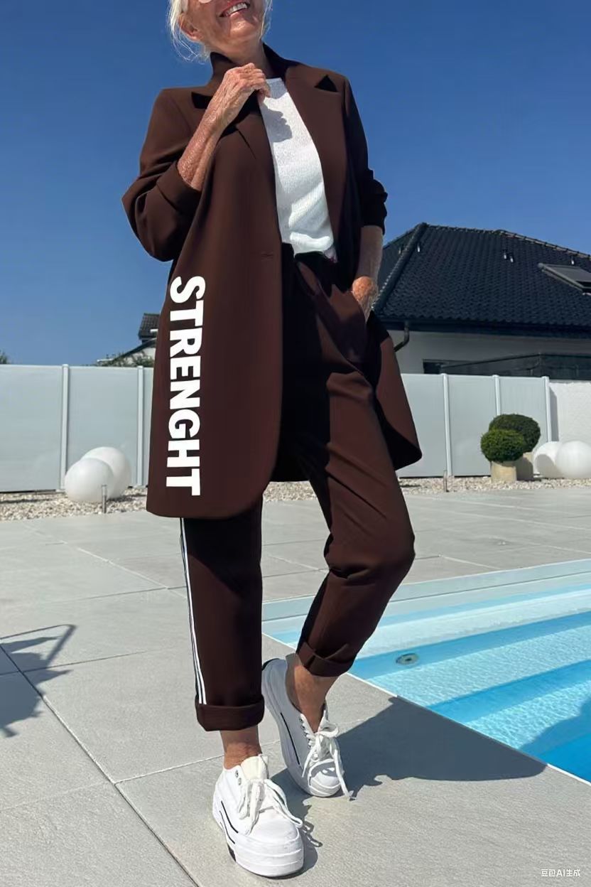 R&B | Length Letter Printed Trenchcoat und Hose Zweiteiler Satz