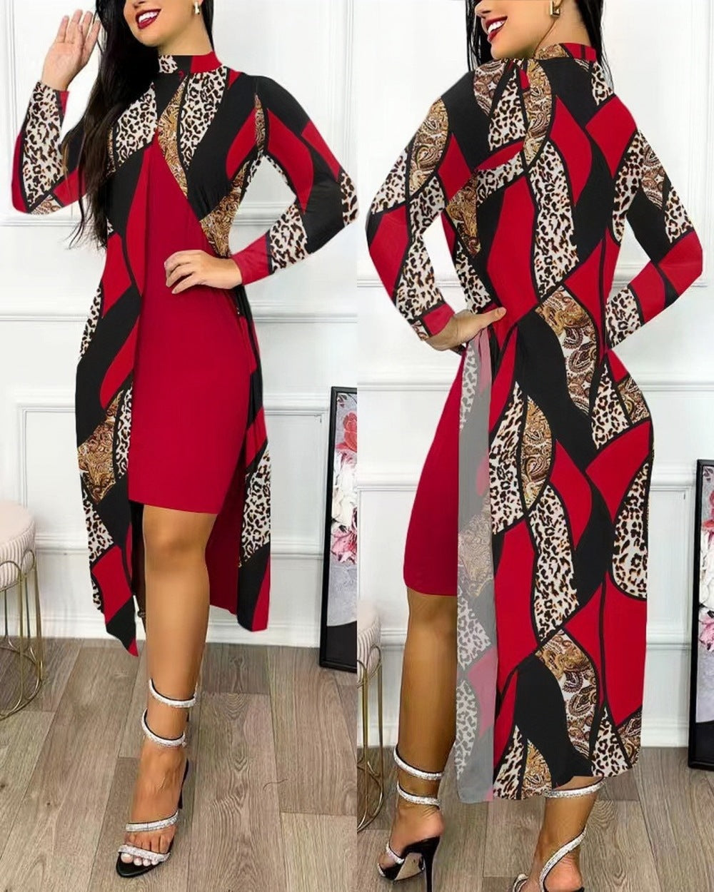 Damen elegantes Maxikleid mit asymmetrischem Schnitt und Grafischem Muster R&B