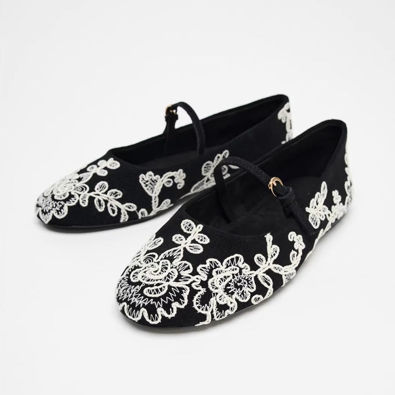 Damen Ballerinas mit verstellbarem Riemendesign und aufwendiger Blumenstickerei R&B