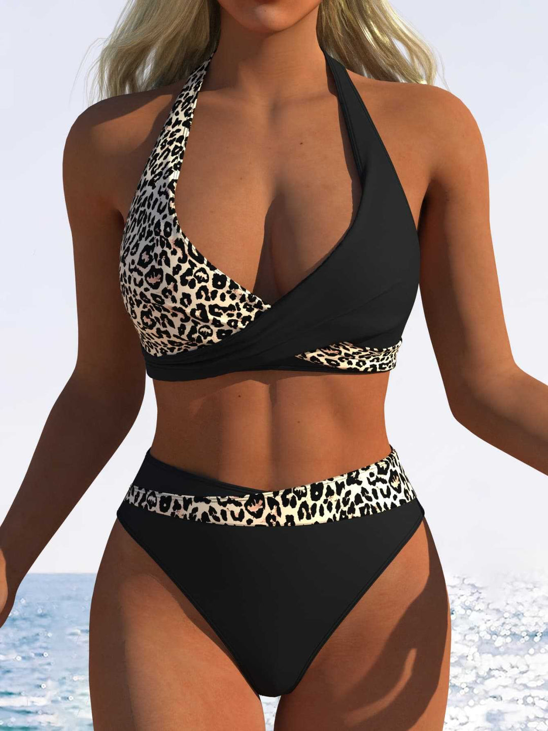 Damen Hoch geschnittenes Bikini-Set mit modischem Wickeloberteil und elastischem Bund R&B