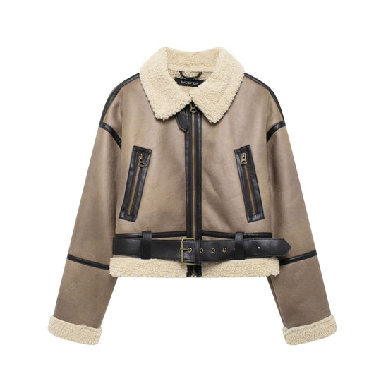 Damen Modische Übergangsjacke aus hochwertigem Kunstleder mit Teddyfell-Kragen und praktischen Taschen R&B