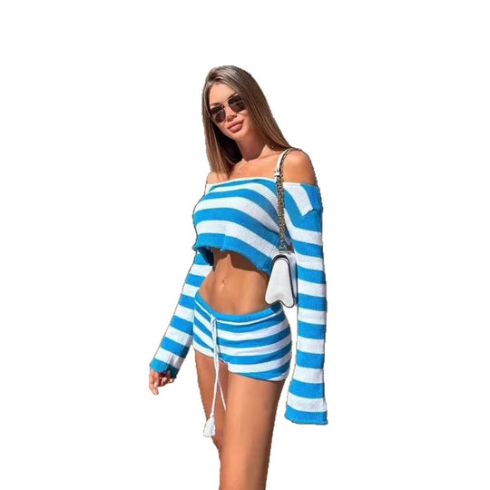 Damen lässiges Strand-Set mit cropped Pullover und kurzen Hosen R&B