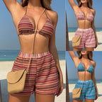 Damen Zweiteiliges Strand-Bikini-Set mit verspielt gestreiftem Oberteil und Shorts R&B