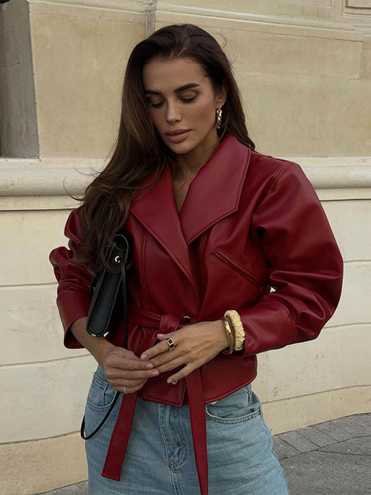 Damen modische Kunstlederjacke mit Gürtel und steigendem Kragen R&B