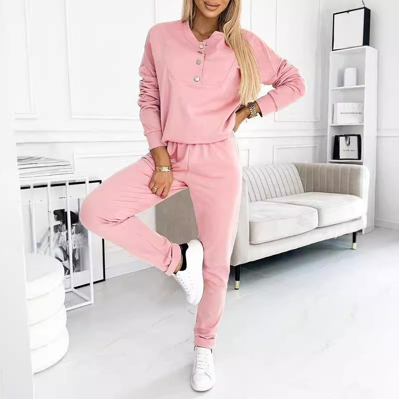 Damen Freizeitanzug mit modischen Knopfdetails und elastischem Bund R&B