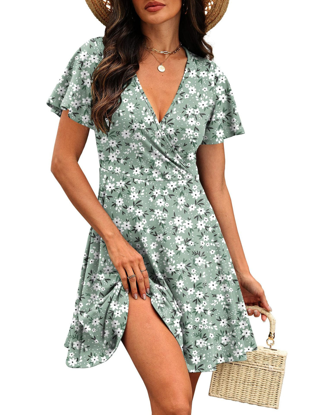 Damen Kurzärmeliges Wickelkleid mit floralen Mustern und V-Ausschnitt R&B