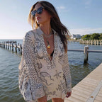 Damen Strandbluse mit künstlerischem Grafikedruck und leichten Ärmel R&B