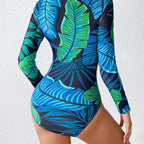 Damen Sportlicher Langarm Badeanzug mit floralem Druck R&B