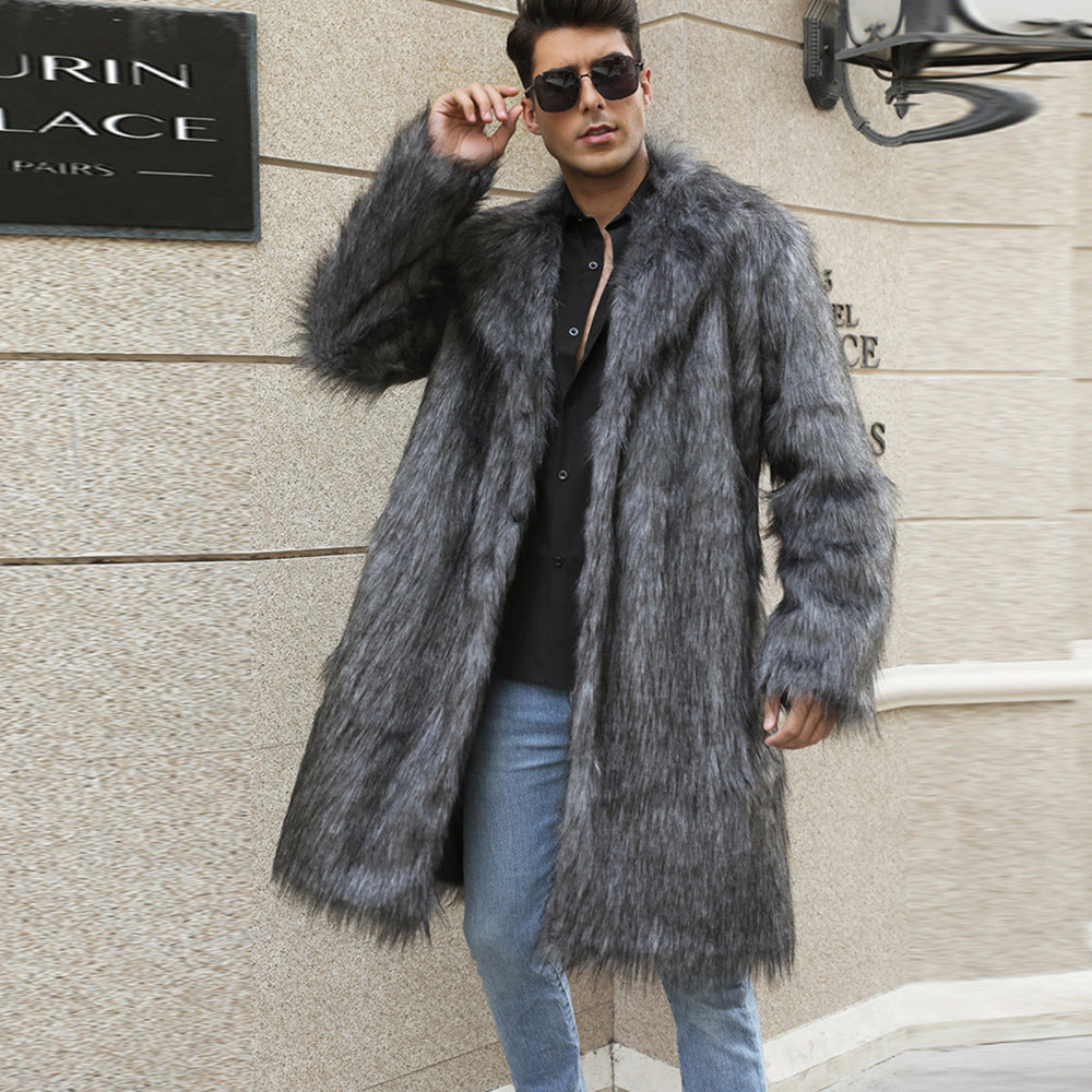 Herren Eleganter Kunstpelz-Mantel mit breitem Kragen und Relaxed Fit R&B