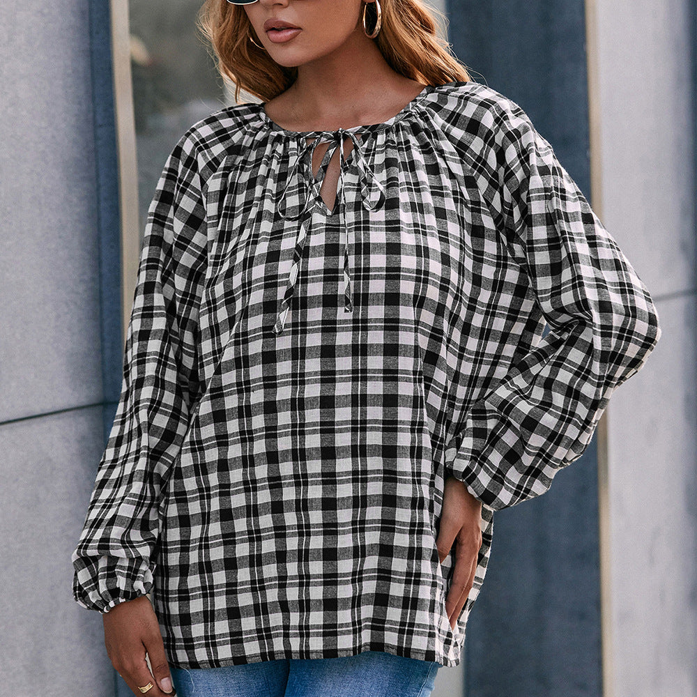 Damen Bluse mit Karo-Muster und Schleifendetail R&B