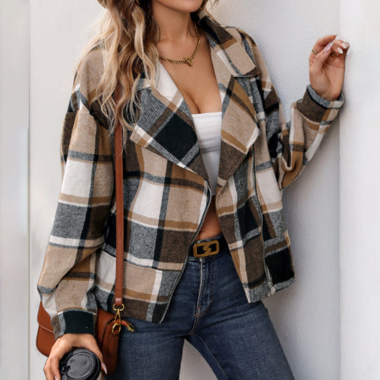 Damen lässige Karojacke mit oversized Schnitt und modernem Reverskragen R&B