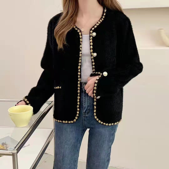 Damen Elegante Strickjacke mit dekorativen Perlenknöpfen und feiner Struktur R&B