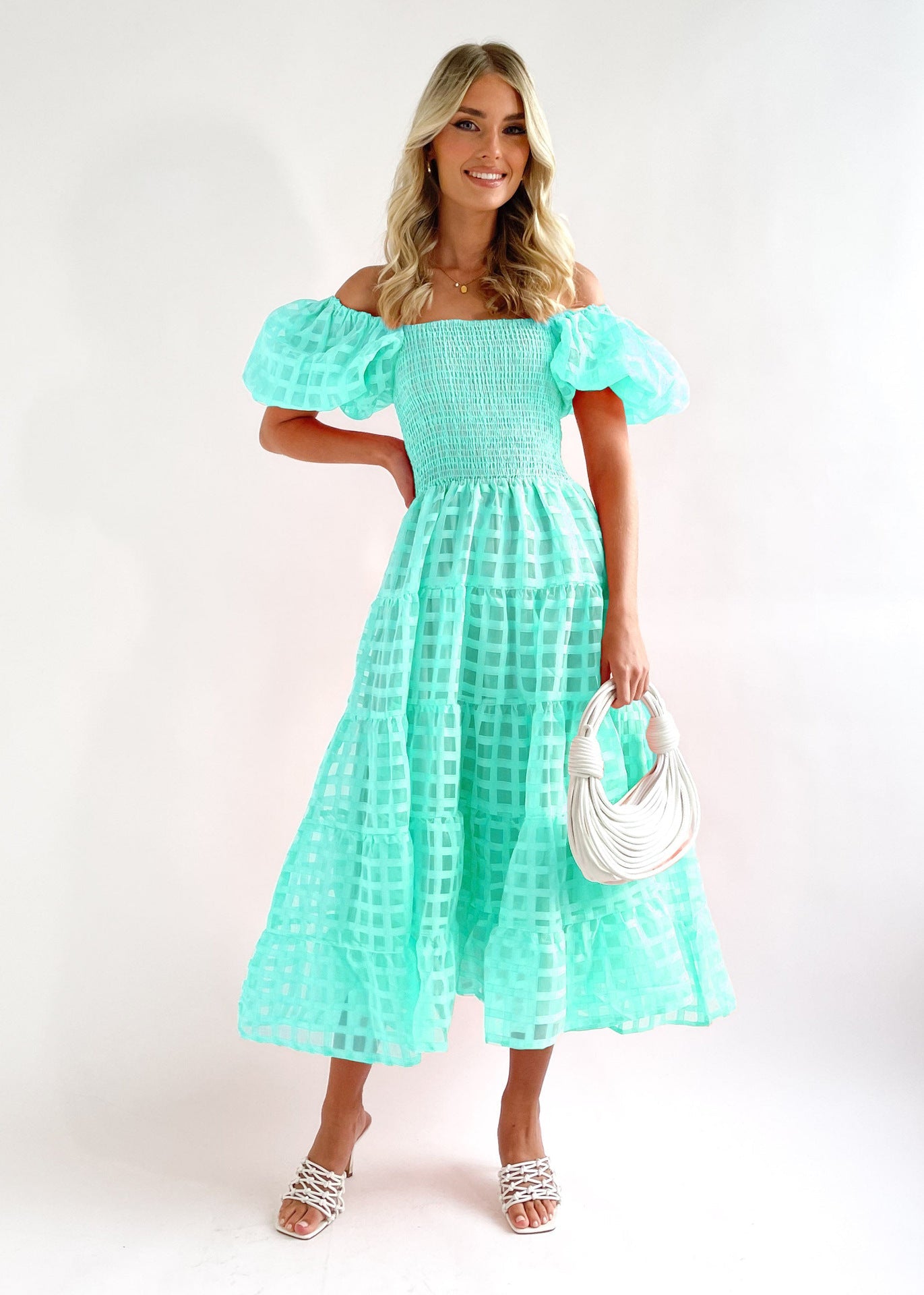 Damen Sommerliches Maxikleid mit voluminösen Puffärmeln und elastischem Taillenbereich R&B