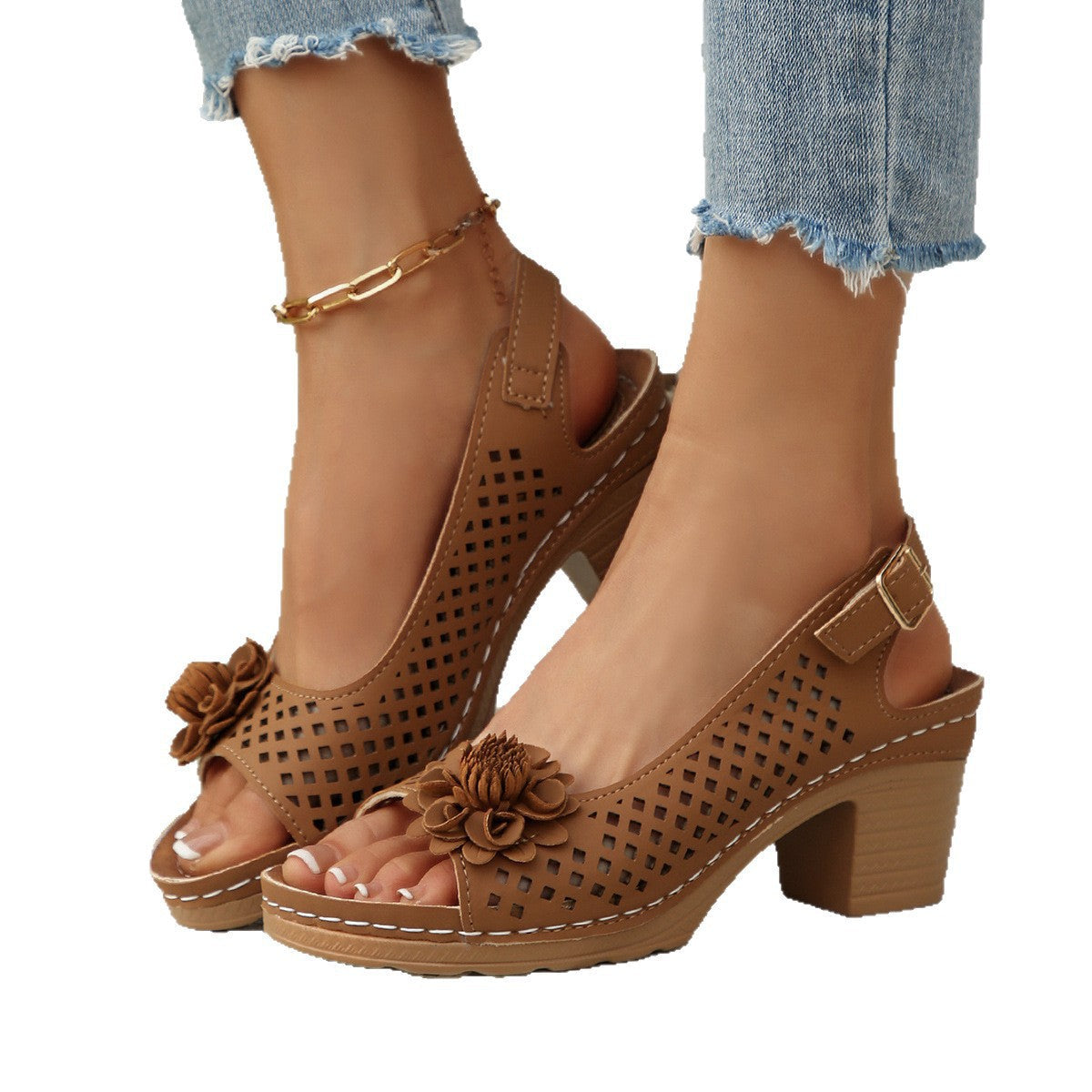 Damen elegante Plateau-Sandalen mit floralem Dekor R&B