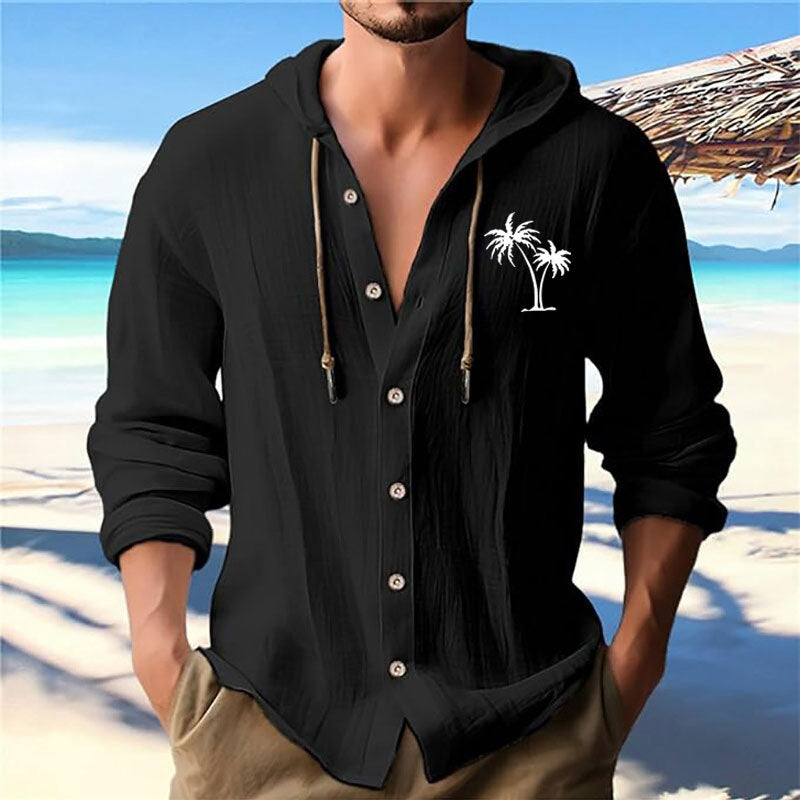 Herren lässiges Kapuzenshirt mit dekorativem Palmendruck und Knopfleiste R&B
