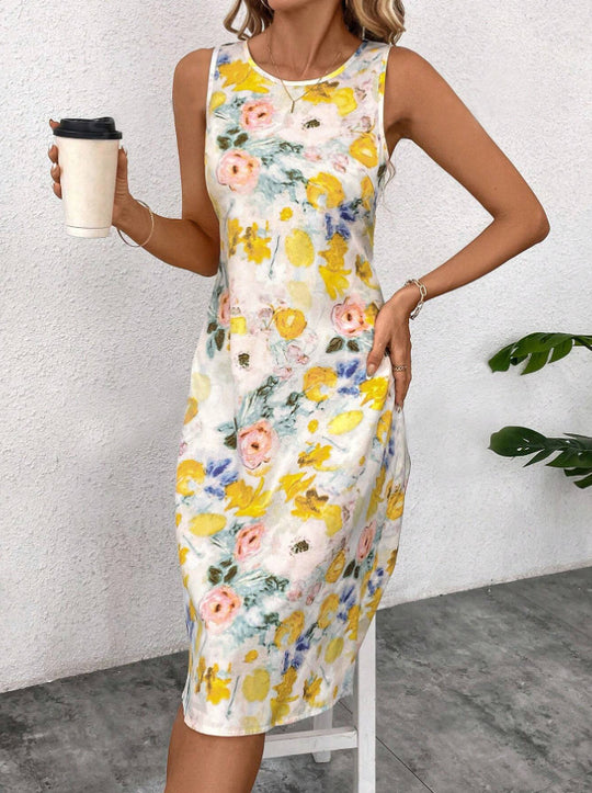 Damen Blumiges Sommerkleid mit fließendem Schnitt und ärmellosem Design R&B