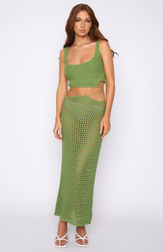 Damen gehäkeltes Crop-Top und Maxirock-Set mit seitlichen Schlitzen und Binde-Details R&B