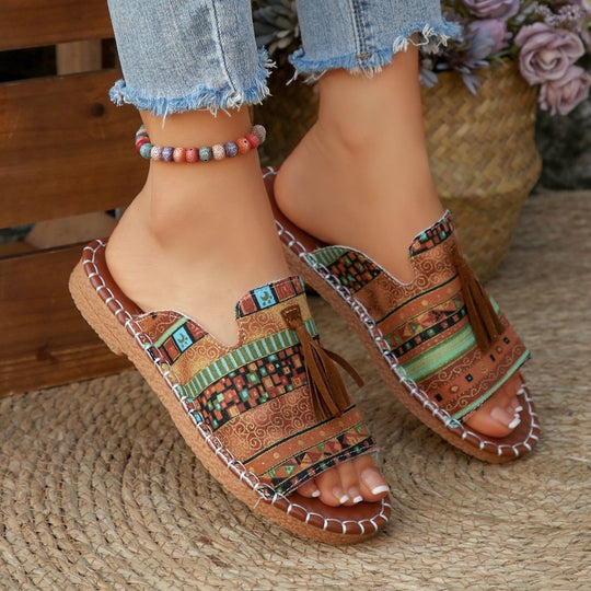 Damen Casual Slip-On Sandalen mit buntem Webdesign und Quasten R&B