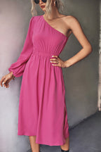 Damen Midikleid mit asymmetrischem One-Shoulder-Design und elastischem Taillengürtel R&B