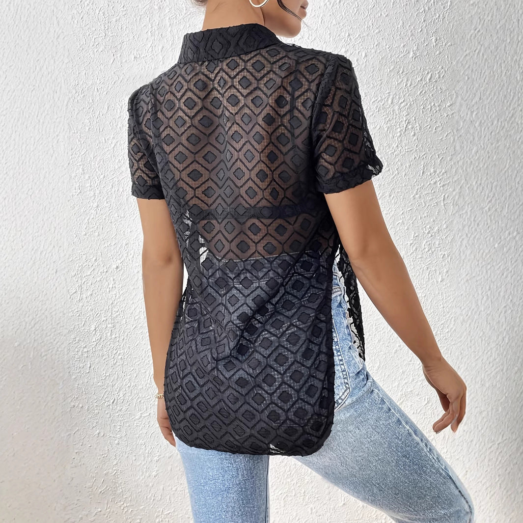 Damen nan taillierte bauchfreie Kurzbluse aus Ajour-Mesh mit Hemdkragen und Knotendetail R&B