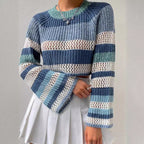 Damen luftiger, gestreifter Strickpullover mit weitem Schnitt R&B