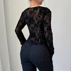 Damen nan eng anliegende transparente Mesh-Spitzenbluse mit tiefem V-Ausschnitt und floraler Veloursstruktur R&B