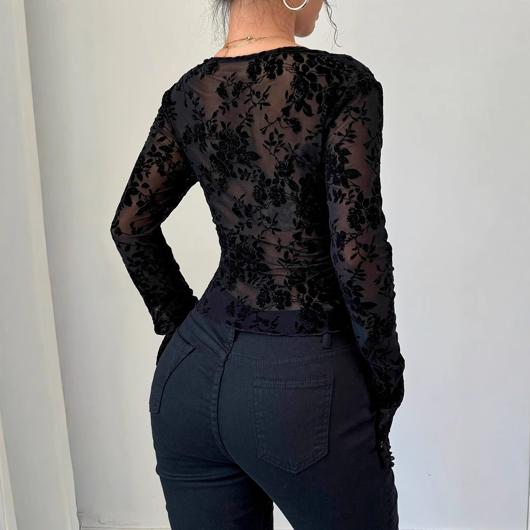 Damen nan eng anliegende transparente Mesh-Spitzenbluse mit tiefem V-Ausschnitt und floraler Veloursstruktur R&B