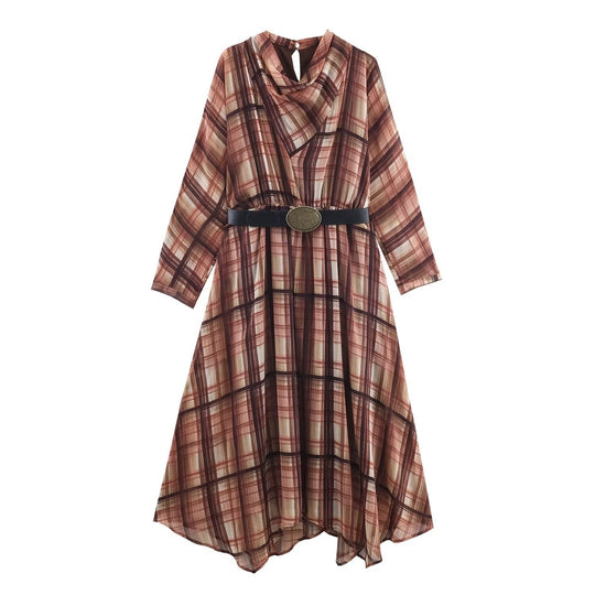 Damen Langarm Kleid im karierten Design mit asymmetrischem Saum und Bindegürtel R&B