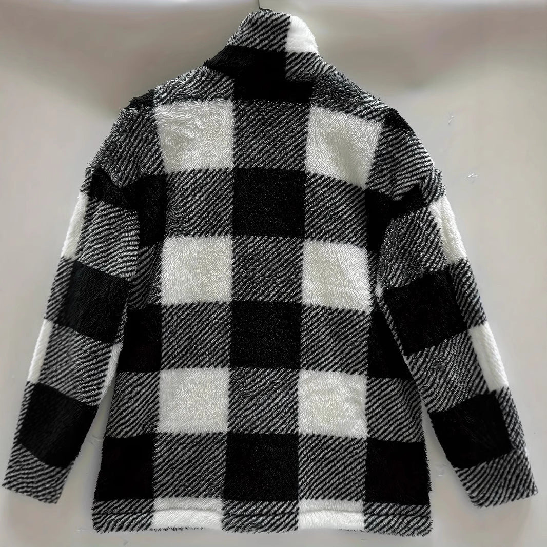 Damen Fleecejacke mit modernes Karomuster und praktischen Taschen