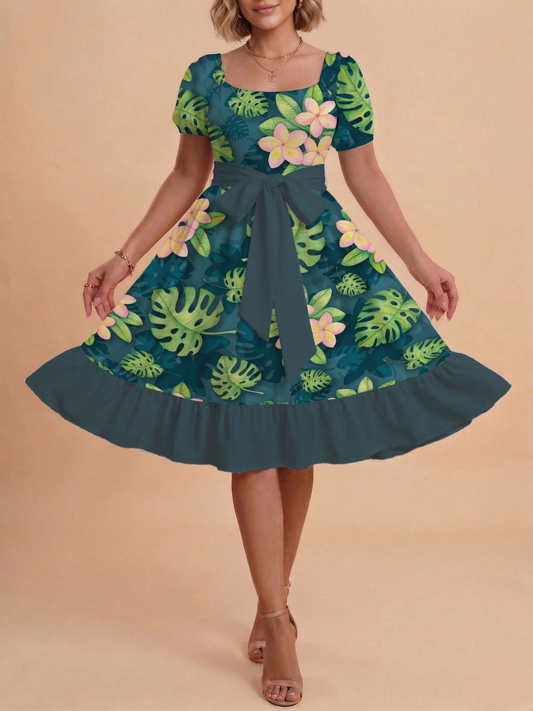 Damen Midikleid mit verspieltem Druck und tailliertem Schnitt R&B