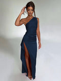 Damen Elegantes Ein-Schulter Maxikleid mit hohem Schlitz und figurformendem Design