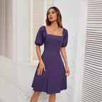Damen Off-Shoulder Kleid mit Puffärmeln und schwingendem Rock R&B