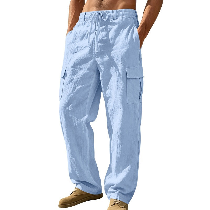 Herren nan entspannt geschnittene Strand-Cargohose aus Leinenblend mit elastischem Tunnelzug und zweifacher Klapptasche R&B