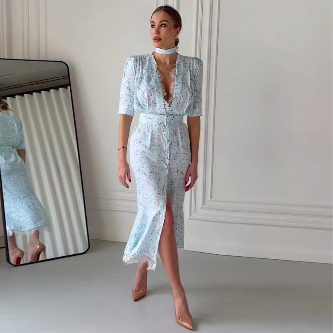 Damen Elegantes Midi-Kleid mit schimmerndem Chiffon und tiefem V-Ausschnitt R&B