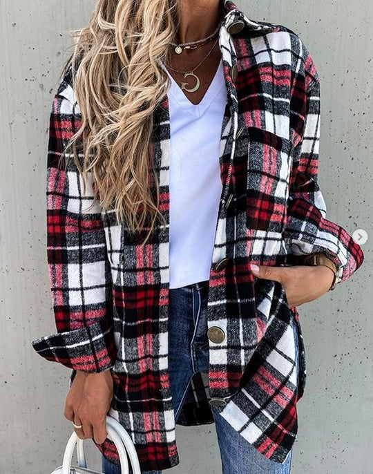 Damen Flanellhemdjacke mit Karomuster und großen Knöpfen R&B