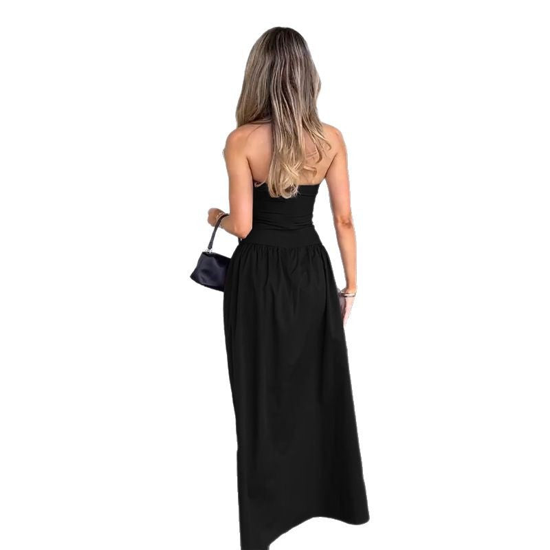 Damen elegantes Bandeau-Maxi-Kleid mit schwingendem Rock und elastischem Bund R&B