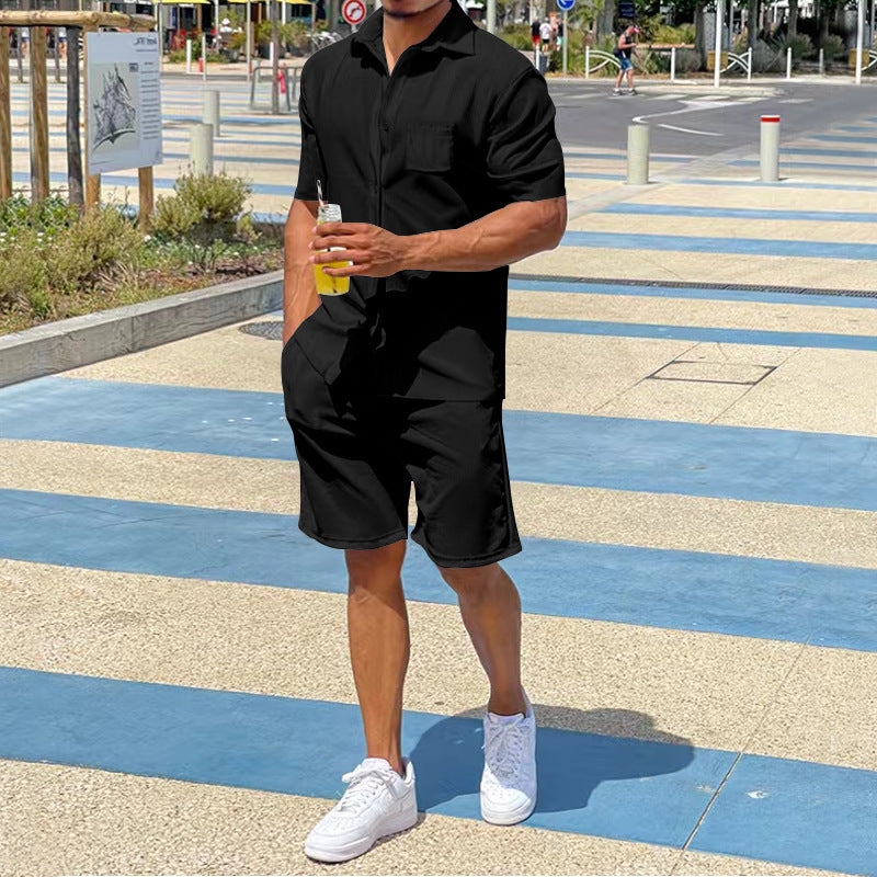 Herren nan urlaubsinspirierte Kurzarm-Revershemd- und Bermuda-Kombination in legerer Passform aus leichtem Baumwollmix R&B