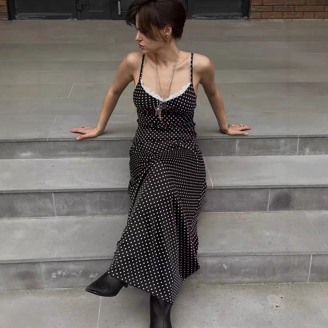 Damen Maxikleid mit Punkten und eleganter Spitzenverzierung R&B