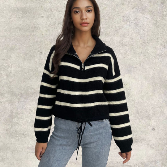 Damen Strickpullover mit Stehkragen und Kordelzug R&B