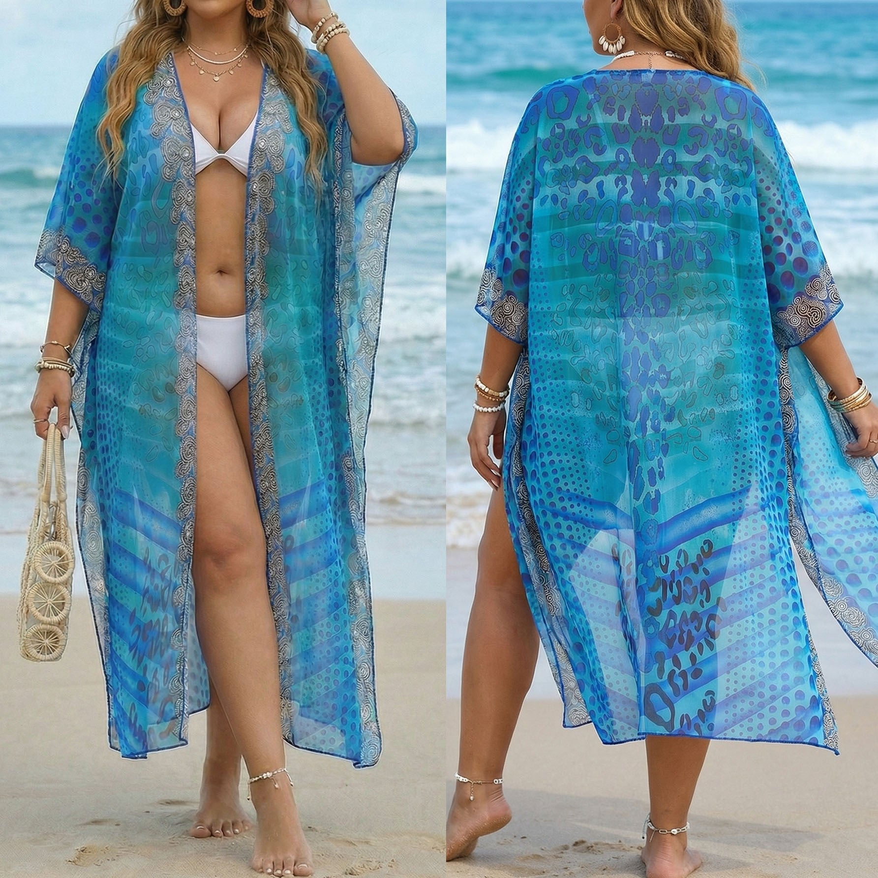 Damen eleganter Strandkimono mit filigranen Muster R&B
