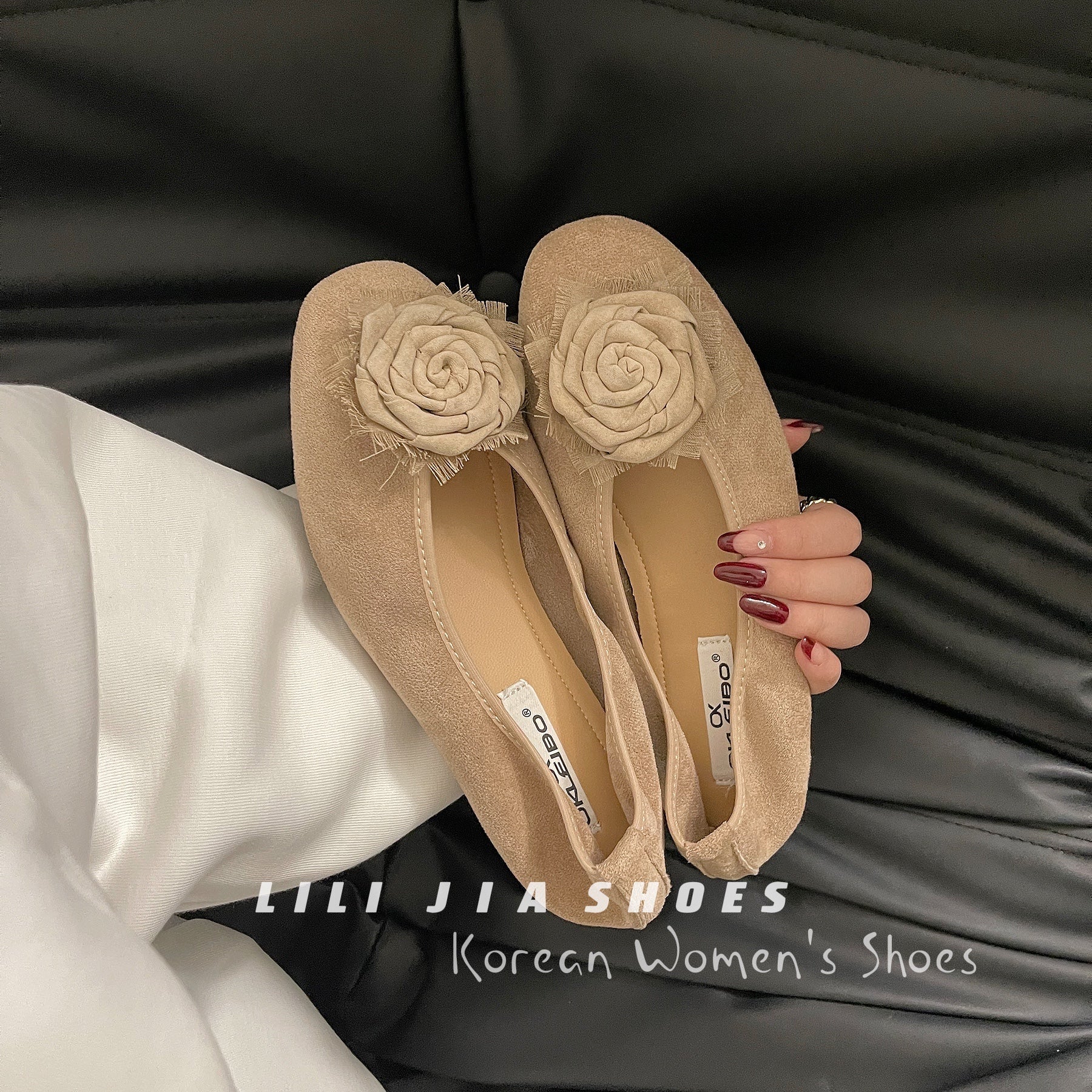 Damen Ballerinas mit zierlicher Blumenapplikation und weichem Veloursleder R&B