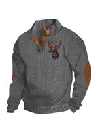 Herren nan Heritage-Strukturpullover mit Stehkragen Lederimitat-Besatz Ellenbogen-Patches und Halbknopfleiste R&B