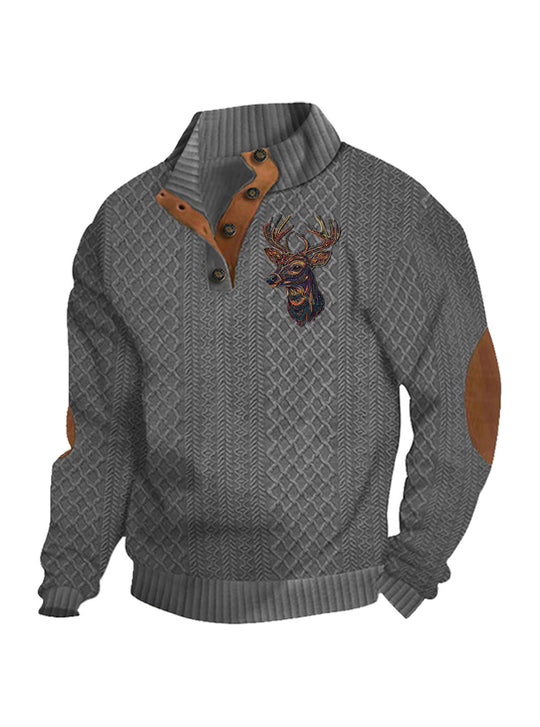 Herren nan Heritage-Strukturpullover mit Stehkragen Lederimitat-Besatz Ellenbogen-Patches und Halbknopfleiste R&B