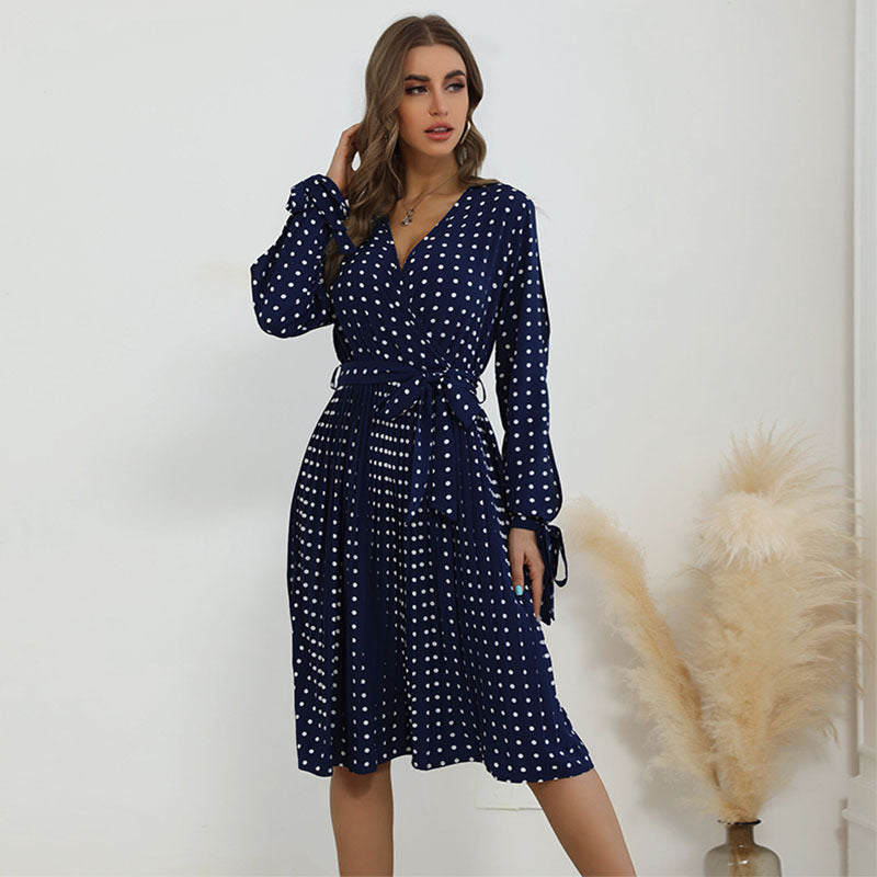 Damen Wickelkleid mit Punktmuster und langem Ärmel R&B
