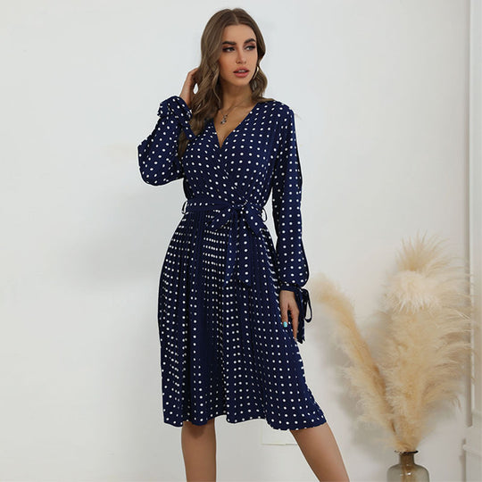 Damen Wickelkleid mit Punktmuster und langem Ärmel R&B