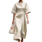 Damen elegantes Midikleid mit breitem Taillengürtel und weiten Ärmeln R&B