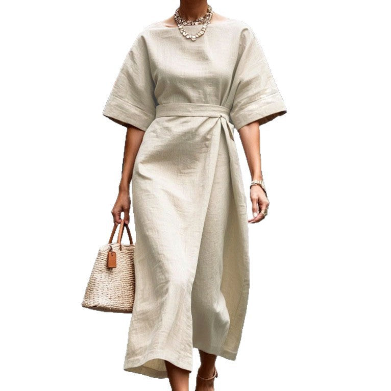 Damen elegantes Midikleid mit breitem Taillengürtel und weiten Ärmeln R&B